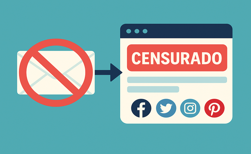 Ilustração de e-mail sendo enviado para plataformas digitais com alerta de censura automatizada