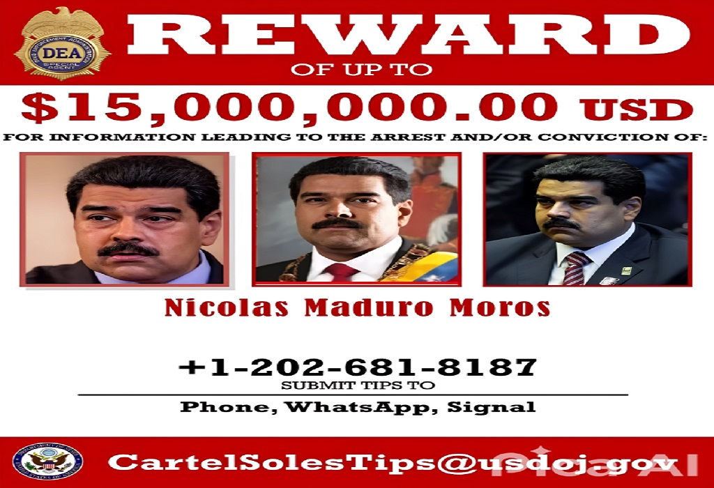 Poster de recompensa da DEA com imagem de Nicolás Maduro, acusado de narcoterrorismo e procurado internacionalmente