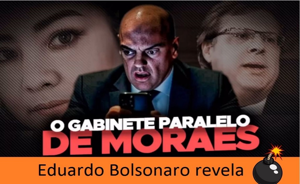 Eduardo Bolsonaro em discurso, acusando Alexandre de Moraes de manter um “gabinete paralelo” e cometer abusos contra cidadãos.