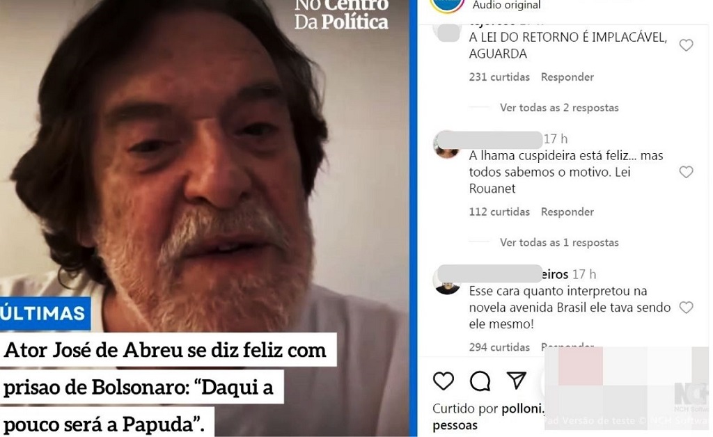 Ator sorrindo enquanto fala sobre a prisão de Bolsonaro, em contraste com o sofrimento do povo