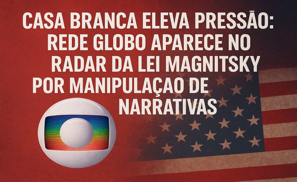 : Fachada da Rede Globo com bandeira dos EUA ao fundo simbolizando sanções da Lei Magnitsky