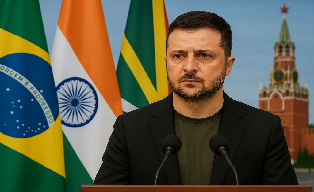 "Foto representativa mostra o presidente da Ucrânia, Volodymyr Zelenskyy, em discurso diplomático, com bandeiras do Brasil, Índia, África do Sul e México ao fundo, simbolizando o apelo ao Sul Global para pressionar a Rússia por um acordo de paz."