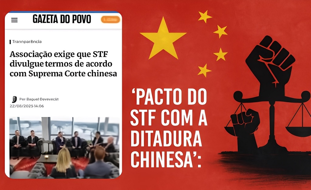 "Montagem digital mostra recorte de notícia sobre o STF ao lado de elementos que simbolizam censura e autoritarismo no Brasil, representando críticas a um suposto pacto com a ditadura chinesa."