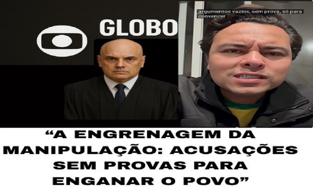 Imagem de televisão exibindo o programa Fantástico com a chamada “trama golpista”; em destaque, denúncia de manipulação e da falta de provas, associando a Rede Globo à narrativa contra Bolsonaro.