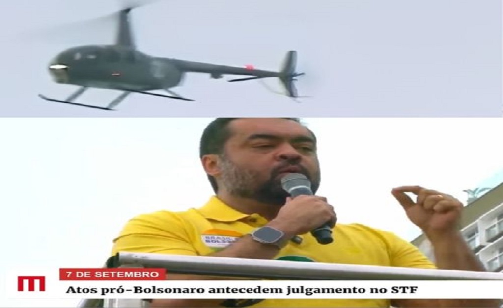 Imagem da manifestação em Copacabana com multidão vestida de verde e amarelo; em destaque, o governador Cláudio Castro discursando e helicóptero da Globo sobrevoando o ato.