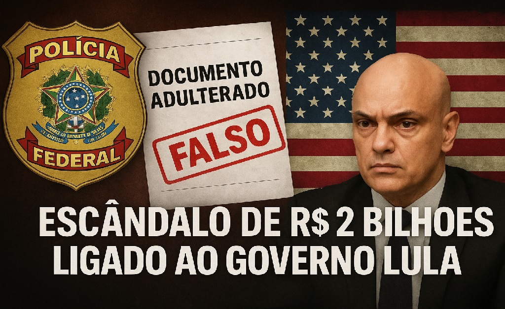 Imagem ilustrativa de documentos oficiais adulterados sobre mesa, bandeira dos EUA ao fundo e símbolo da Polícia Federal, representando crise política envolvendo Moraes, governo Lula e corrupção na mineração.