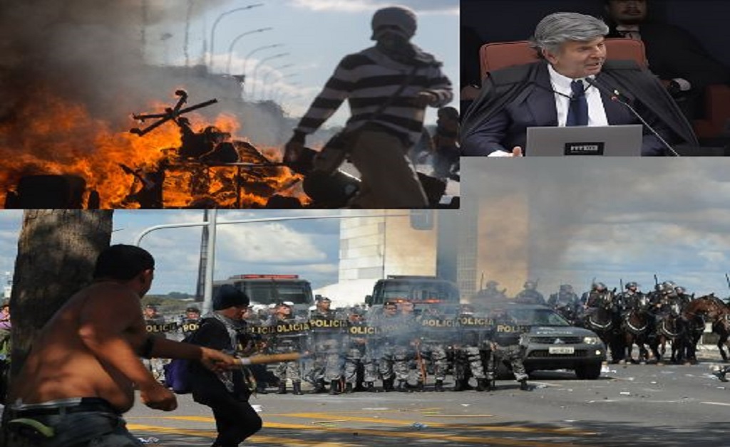 Manifestantes mascarados em protesto violento no Brasil, com barricadas em chamas e depredação de prédios públicos, simbolizando os ataques da esquerda às instituições, muito mais graves que o 8 de janeiro e ignorados pelo STF.