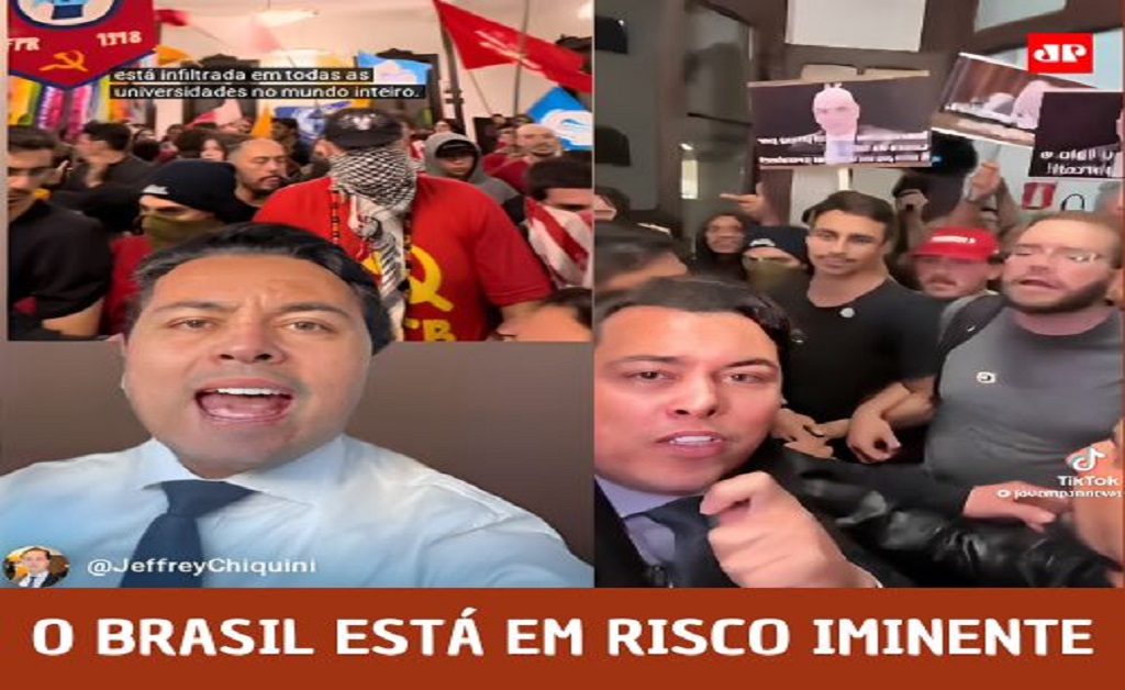 Advogado Jeffy Chiquini sendo hostilizado na UFPR, simbolizando o domínio da militância ideológica da esquerda nas universidades públicas brasileiras.