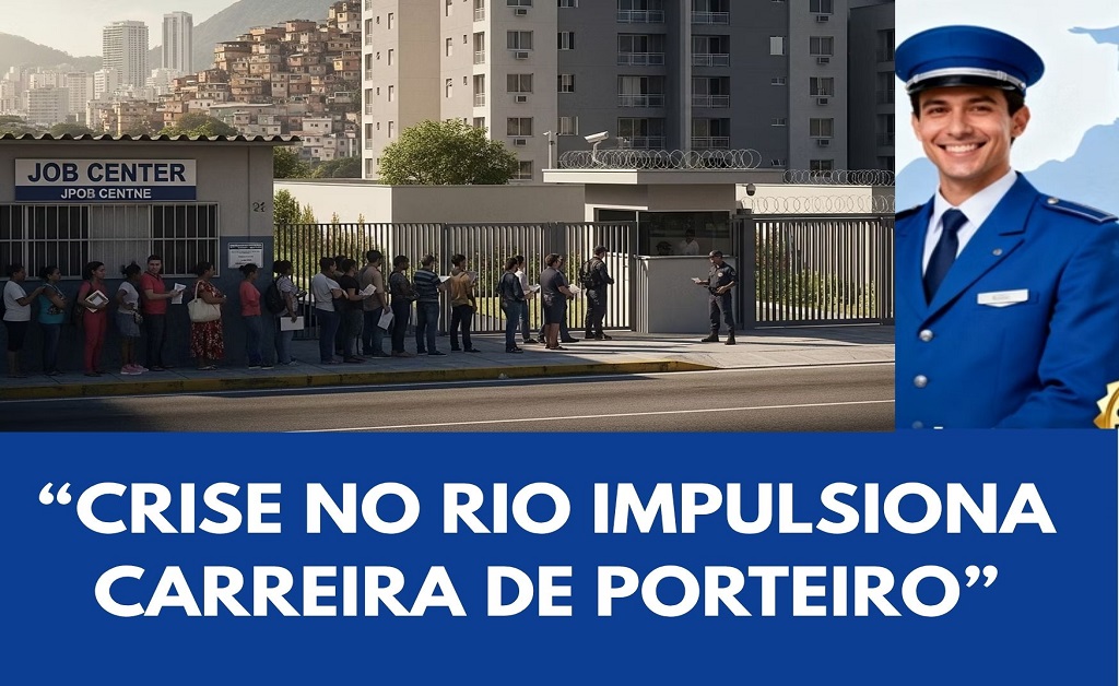 Porteiro em guarita de condomínio no Rio de Janeiro, simbolizando a crescente demanda por segurança privada diante do desemprego e da violência urbana.