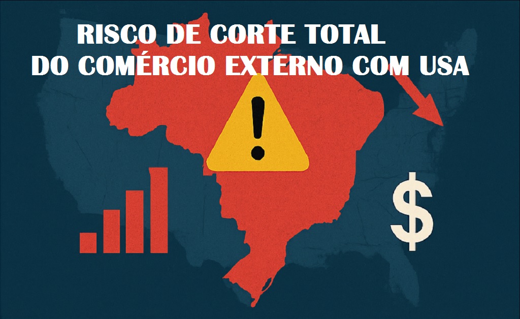 Ilustração do Brasil em alerta econômico, com gráficos de comércio internacional e símbolos de risco, representando a ameaça de corte total nas exportações.