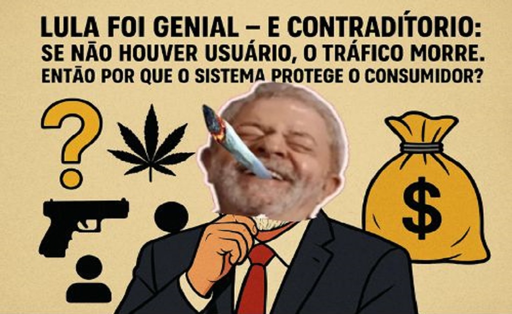 Ilustração de Lula com expressão reflexiva, símbolos do tráfico e questionamento lógico sobre usuários e crime.