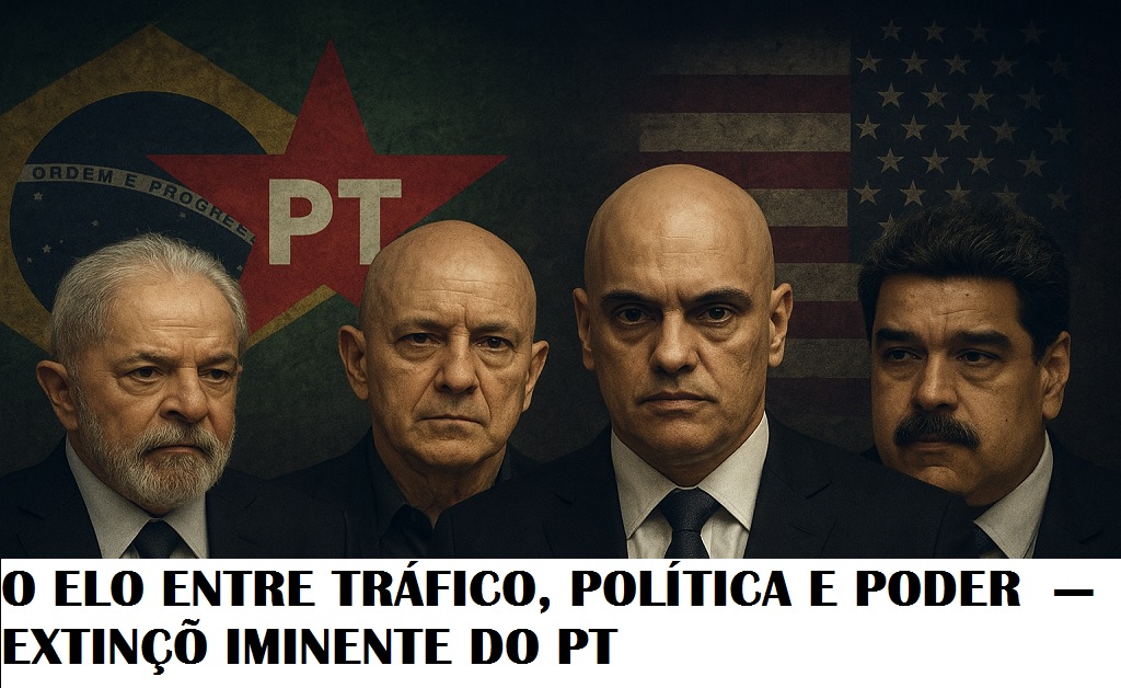 Imagem simbólica de Brasília cercada por nuvens escuras e bandeiras do PT em desvanecimento, representando o cerco jurídico e político contra o partido e Lula.