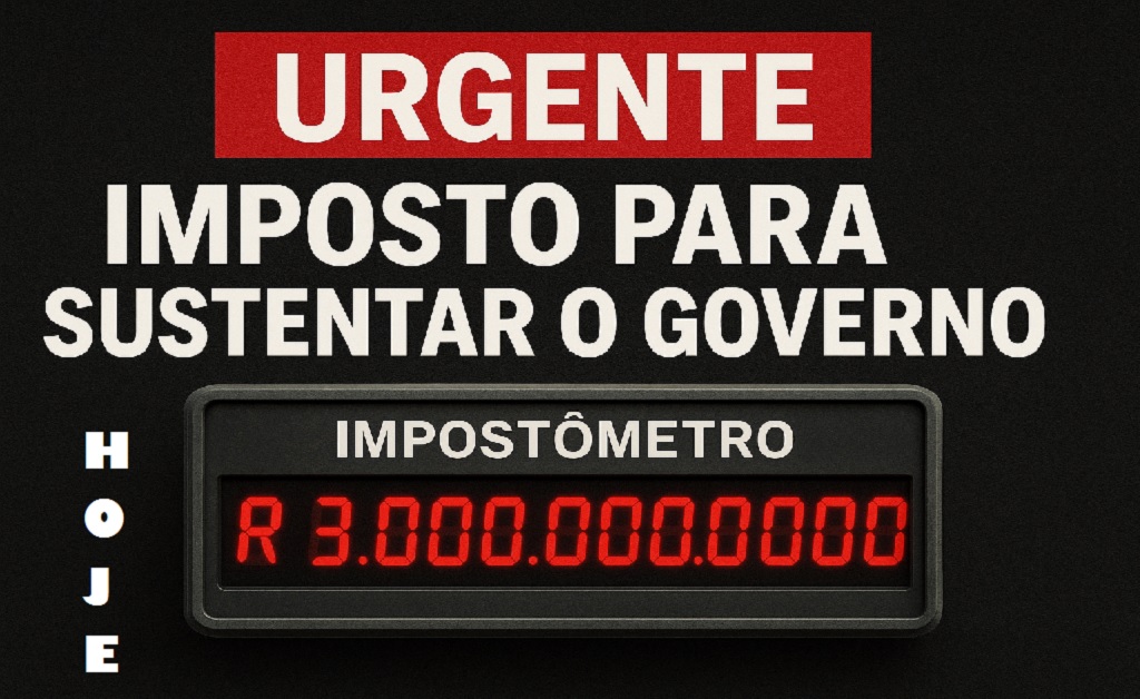 Imagem ilustrativa do impostômetro marcando R$ 3 trilhões, simbolizando o peso da carga tributária sobre o trabalhador brasileiro.