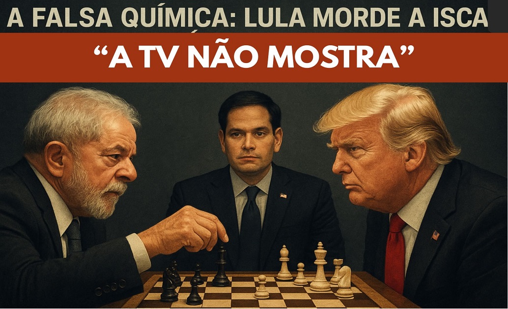 Composição jornalística com Lula à esquerda e Donald Trump à direita, um tabuleiro de xadrez entre ambos e Marco Rubio ao fundo observando, simbolizando a negociação e as tensões entre Brasil e EUA.