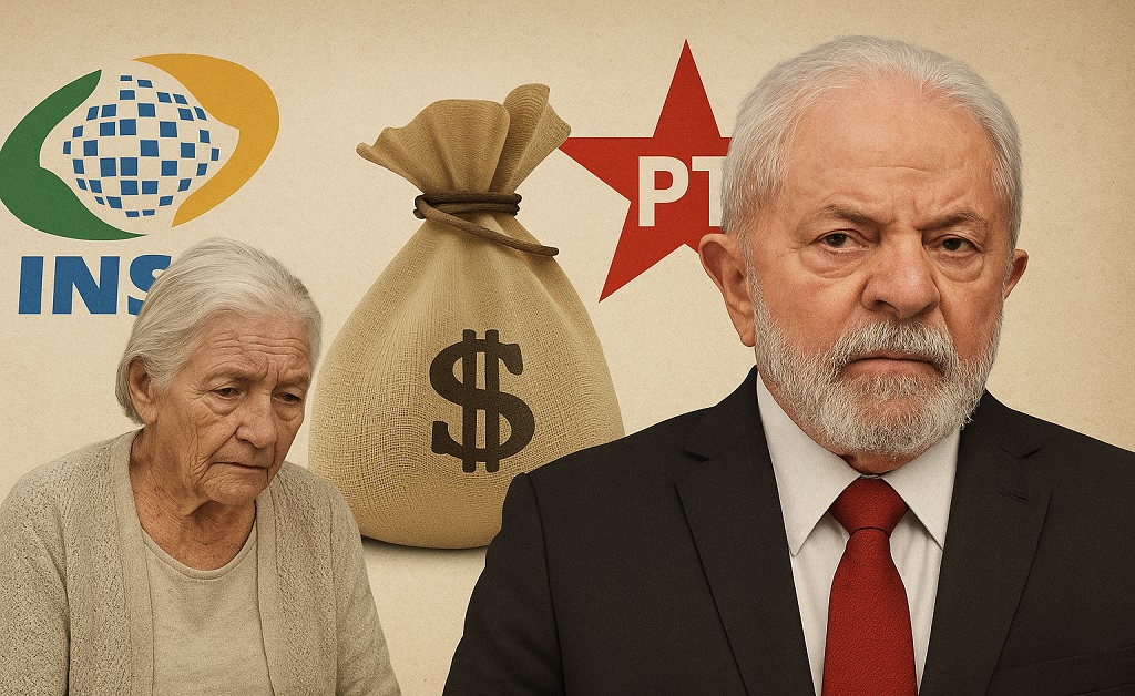 Imagem representando o corte de orçamento do INSS, com um idoso diante de uma folha de pagamento cortada e o símbolo do real em queda.