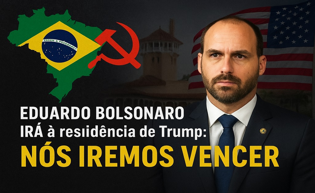 Texto alternativo (imagem): Eduardo Bolsonaro e Paulo Figueiredo em evento político na residência de Donald Trump, em Mar-a-Lago, discutindo o combate ao comunismo.