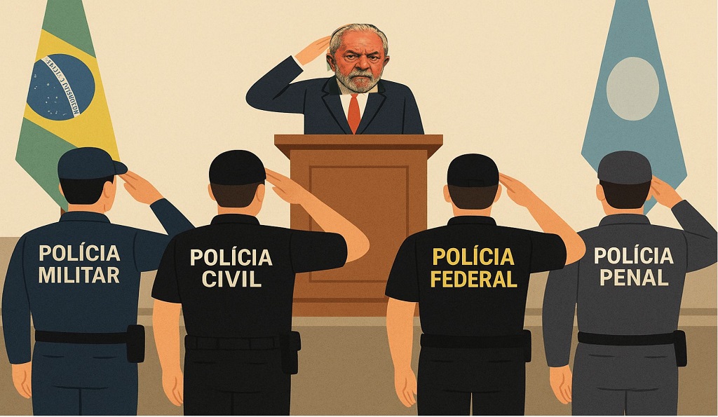 Lula observando um mapa do Brasil com policiais e facções, simbolizando o controle político da segurança pública.