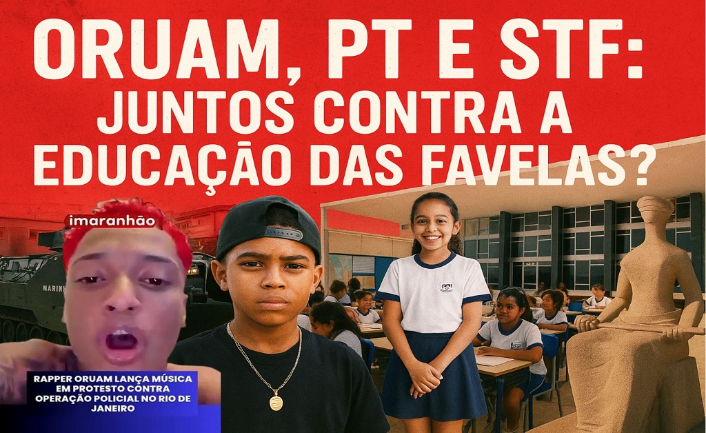 Colagem editorial: crianças em escola cívica, manifestantes e símbolos do STF; análise sobre educação, cultura e poder nas favelas.