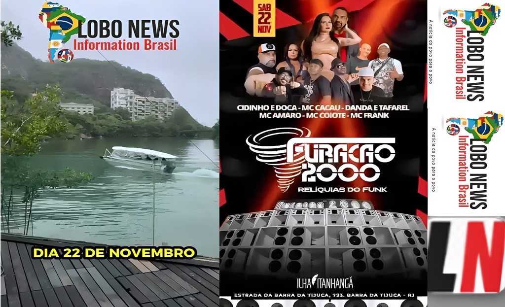 Anúncio do evento de funk na Ilha do Itanhangá, na Barra da Tijuca, marcado para 22 de novembro, com atrações como Relíquias do Funk, Furacão 2000, Cidinho & Doca e MC Cacau.