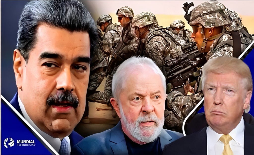 Imagem ilustrativa mostrando Donald Trump em postura firme, com Maduro sob pressão e clima de tensão geopolítica envolvendo Brasil e Venezuela.