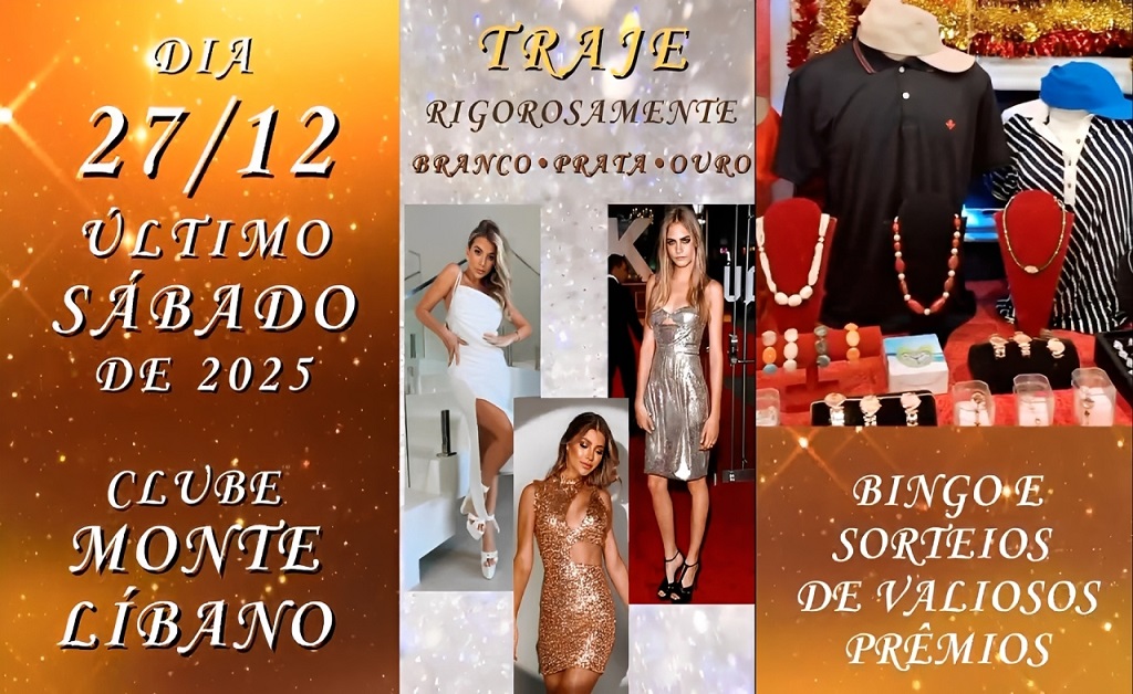 Flyer do Baile Pré-Réveillon Branco, Prata e Ouro no Clube Monte Líbano, dia 27 de dezembro, com traje elegante e música ao vivo.