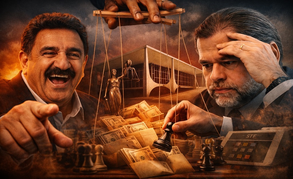 Imagem simbólica mostra o STF e figuras do poder político e empresarial interligadas por interesses nos bastidores.