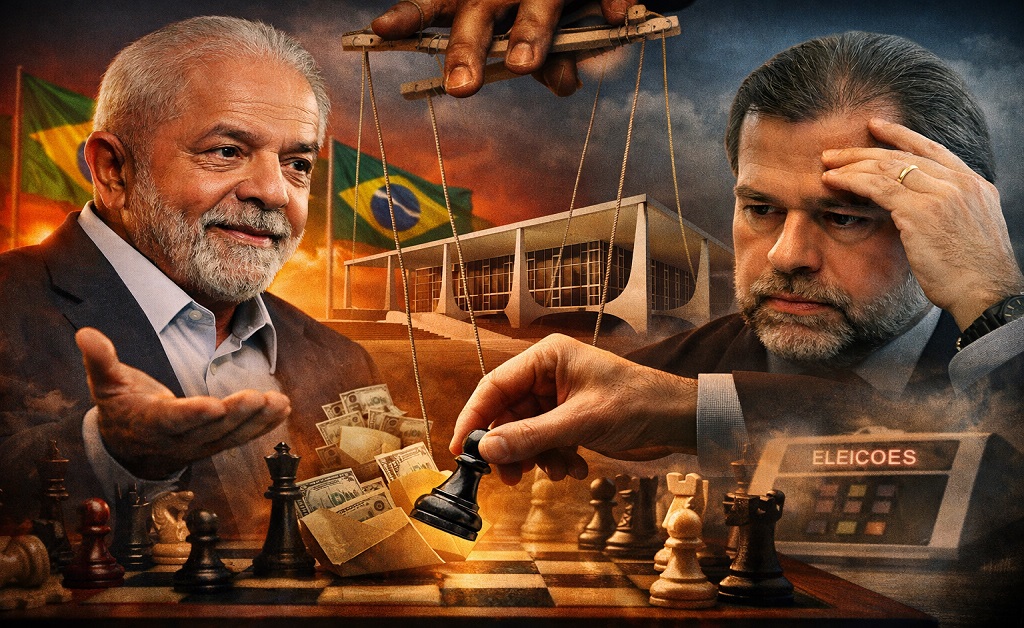 Ilustração simbólica mostra o STF como palco político, com peças sendo movidas estrategicamente nos bastidores do poder.