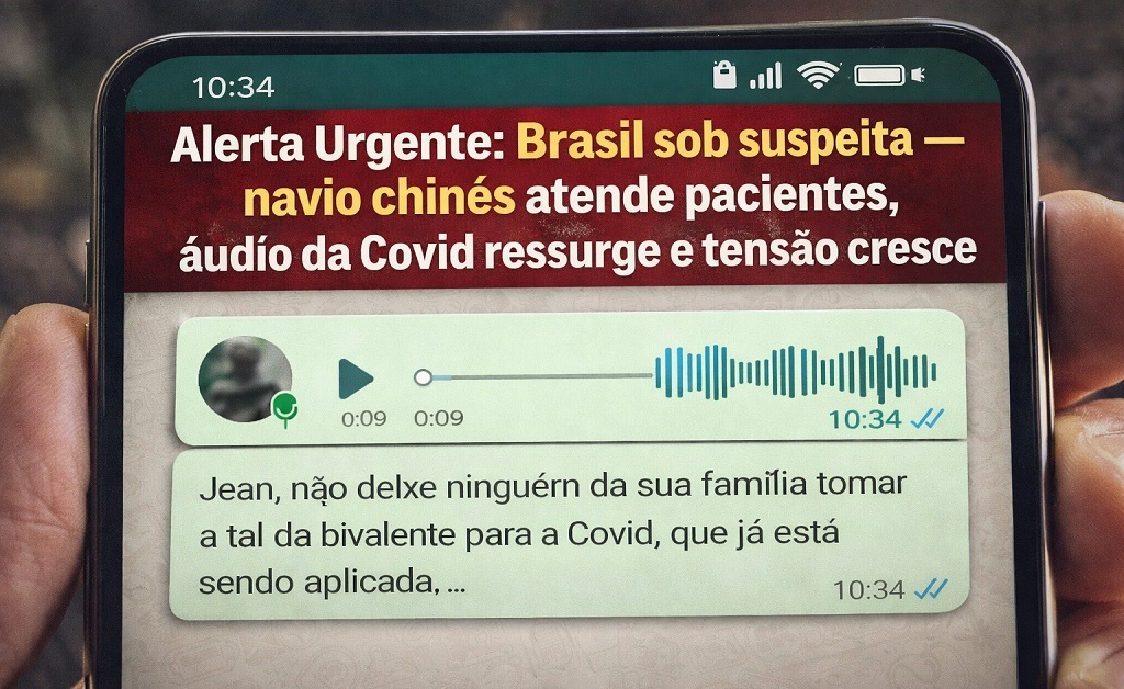 Imagem jornalística em tom investigativo mostra documentos, símbolos de alerta e elementos médicos, representando tensão, desinformação e suspeitas envolvendo saúde pública no Brasil.