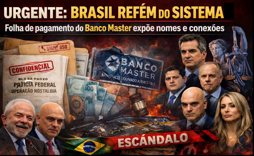 Imagem jornalística ilustra denúncia em vídeo sobre suposta folha de pagamento do Banco Master, citando políticos e instituições e levantando debate sobre crise sistêmica no Brasil.
