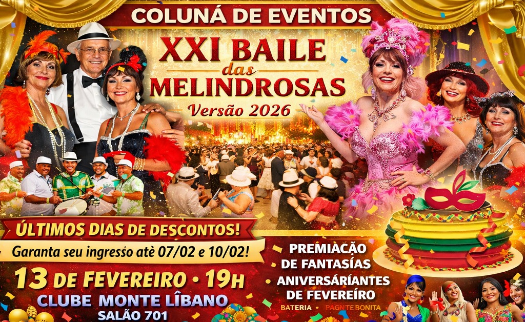 Baile das Melindrosas no Clube Monte Líbano com público fantasiado, pista cheia, bateria, passistas, música brasileira e clima de pré-carnaval no Rio de Janeiro.