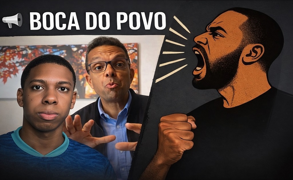 Montagem da coluna Boca do Povo com ilustração de homem gritando e imagem do autor em destaque, simbolizando indignação popular nas redes.