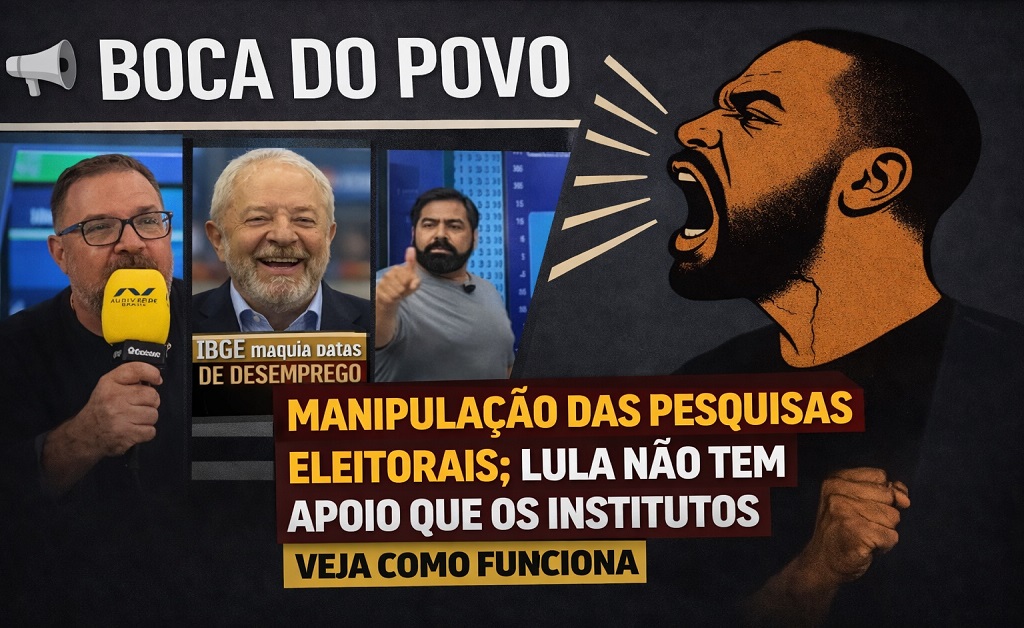 Ilustração da coluna Boca do Povo denuncia manipulação de pesquisas eleitorais e questiona apoio real de Lula