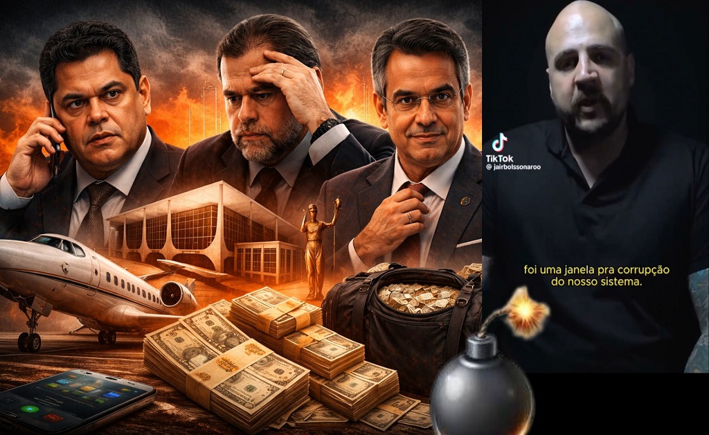 Imagem simbólica mostra avião executivo, dinheiro em espécie e prédios do STF e do Congresso interligados, representando denúncia de corrupção sistêmica.